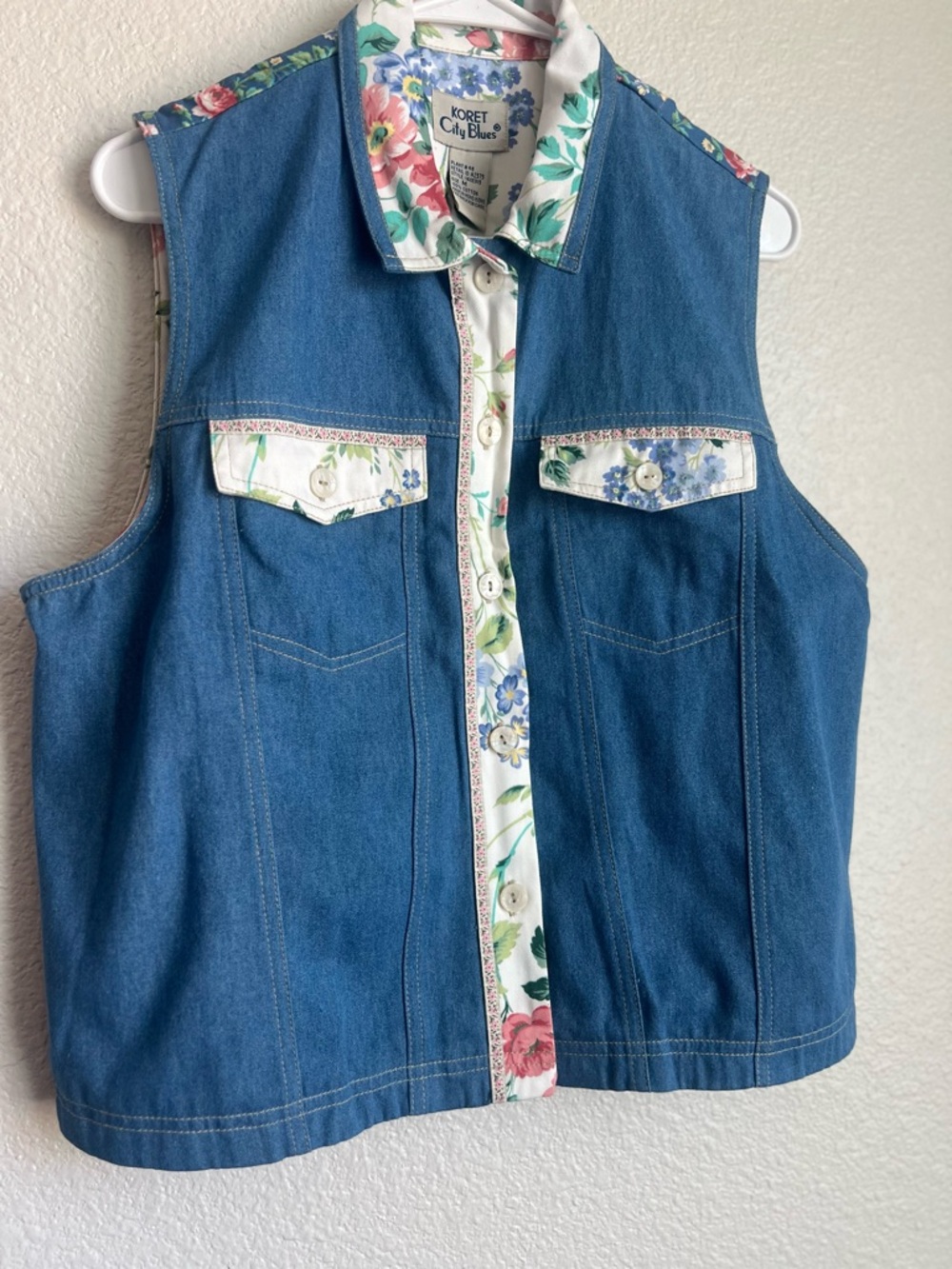 Vintage Koret Blue Denim Button-Down Vest with Floral Trim